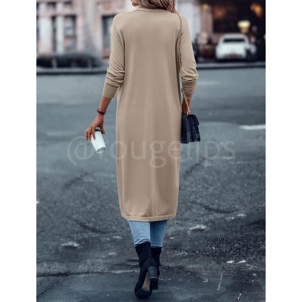 Beige Khaki Tan Light Duster Cardigan Open Long Sleeve  Knit, Stretchy - Picture 4 of 8